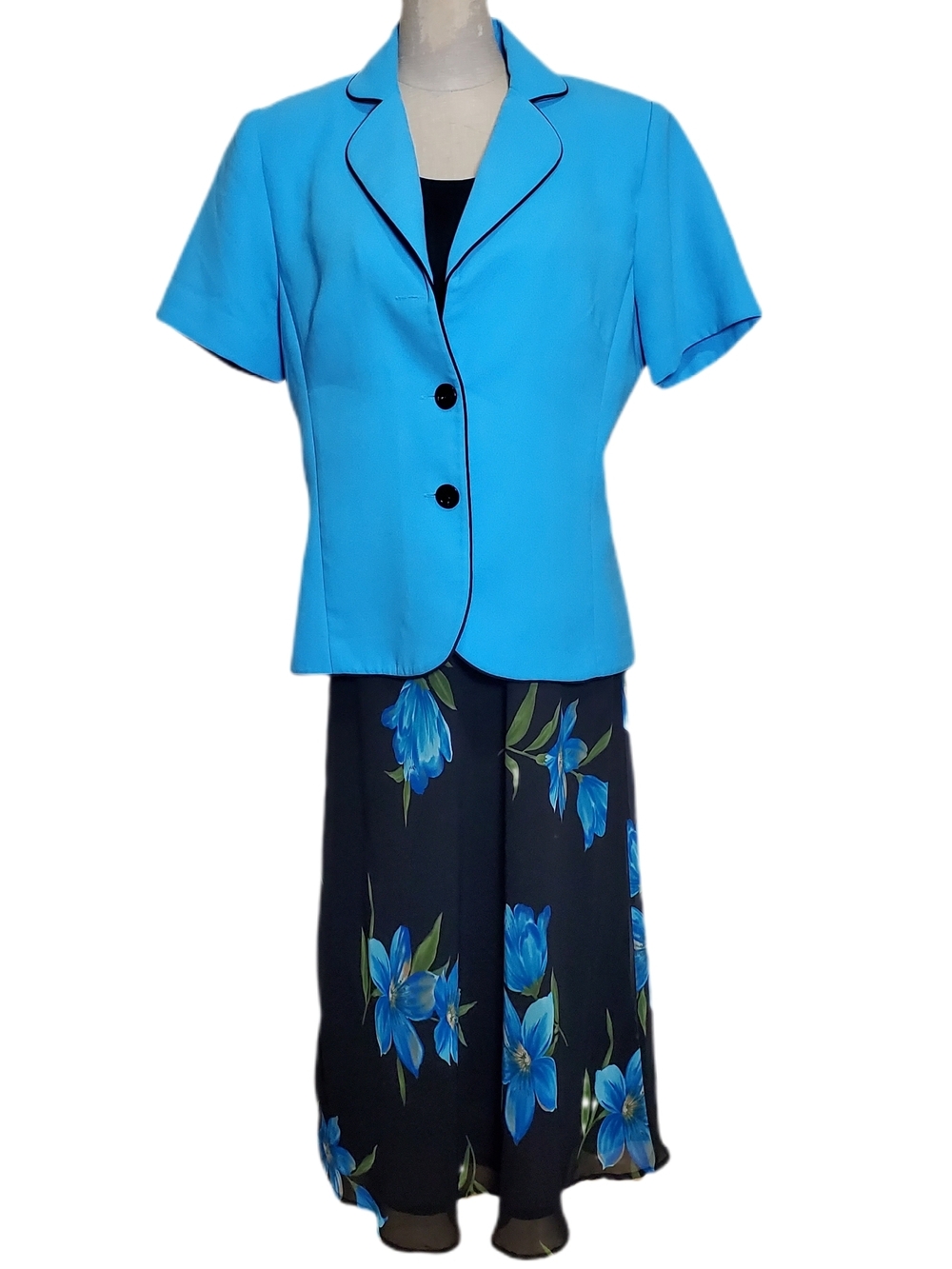 Studio I Black Dress with Blue Floral Print and Teal Jacket Set Sz 8